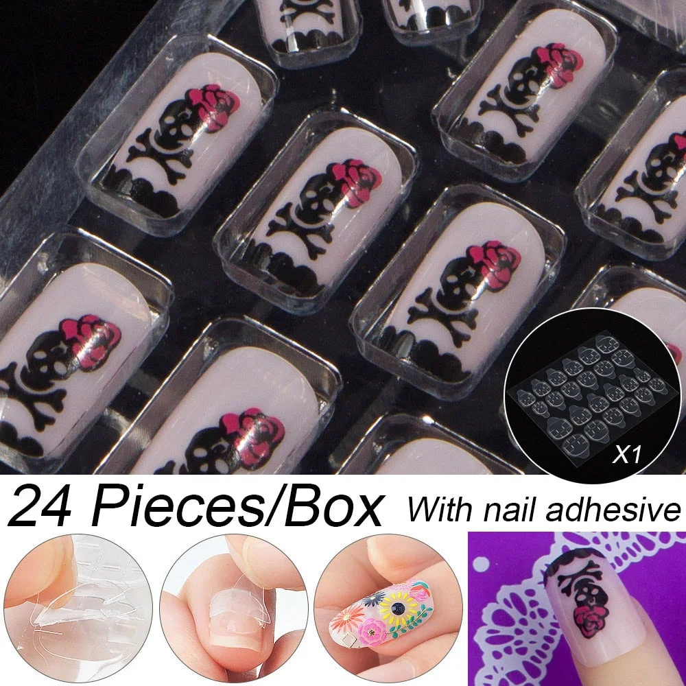 Fashion 24pc/set 10 Sizes Fake Nails Full Cover French False Nail Tips With Double-Sided Nail Adhesive Tab Press On Coffin Nail-Nail Inspo