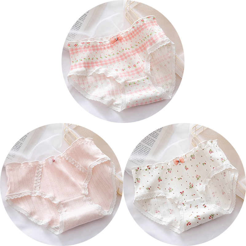 Damokan 3Pcs/set Women Underwear Pure Cotton Lace Comfort Panties Lovely Cute Girl Lingerie Mid-Waist Briefs Floral Bow-knot Underpants