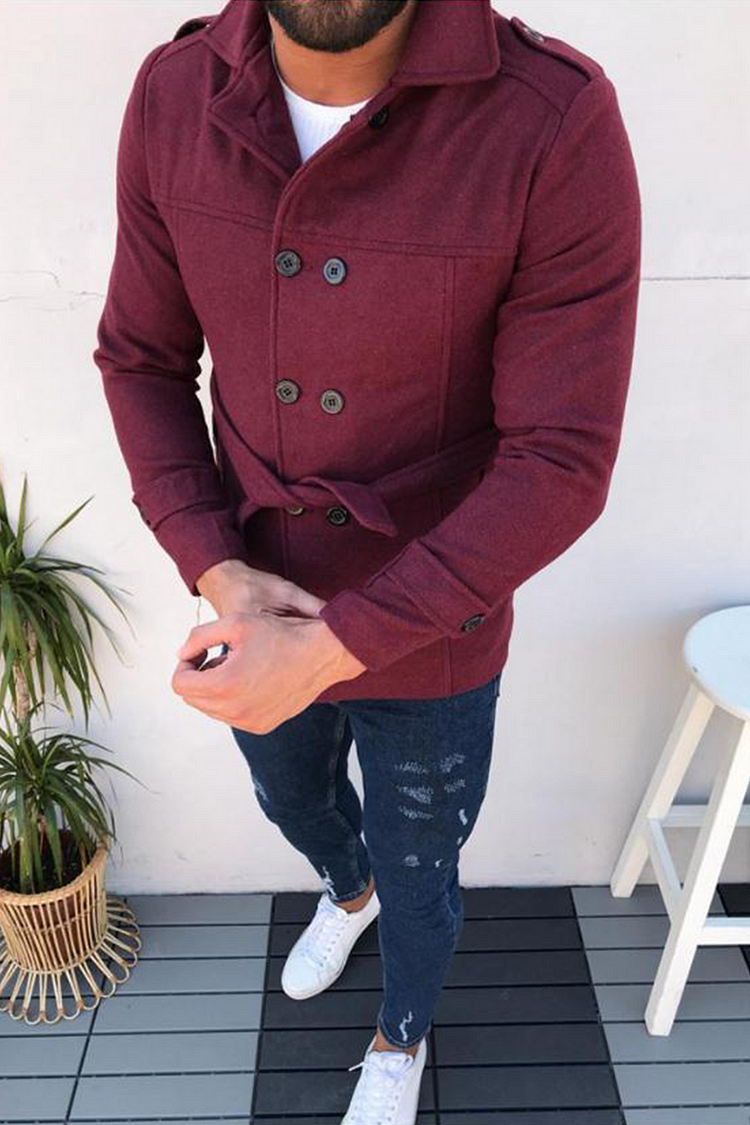 Burgundy Casual Solid Buckle With Belt Turndown Collar Outerwear
