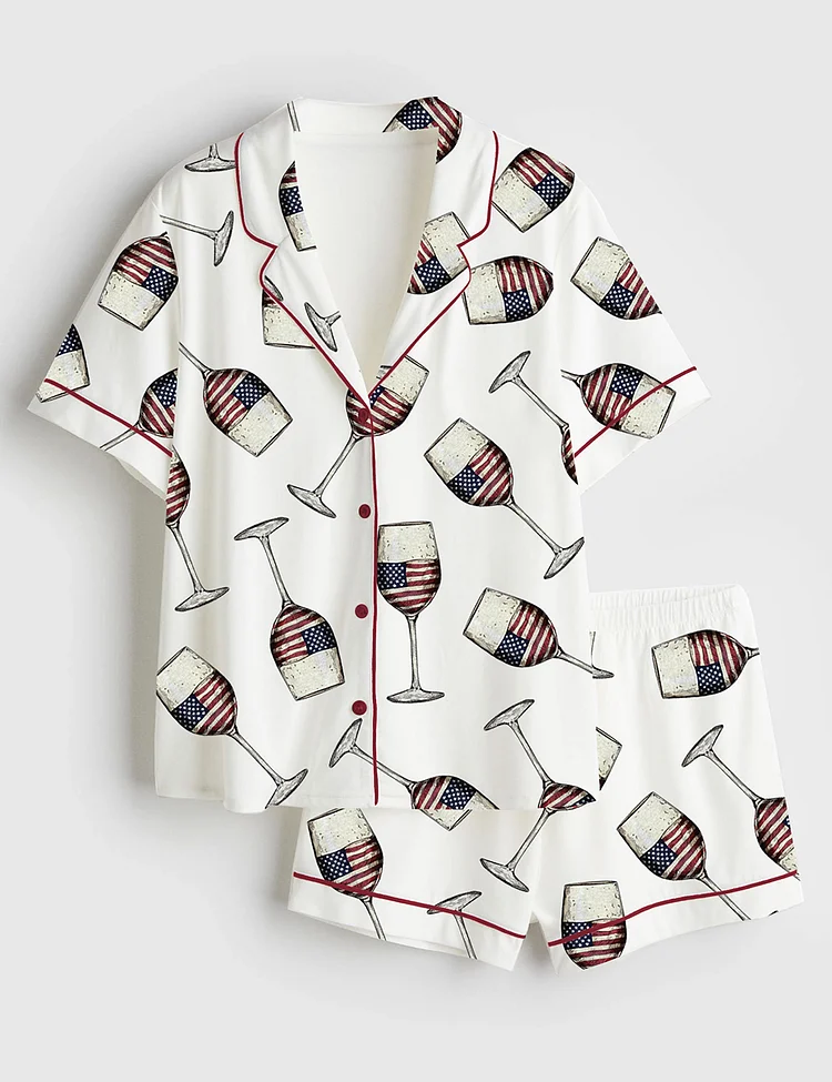 Women&rsquo;s American Flag 4th Of July USA Wine Print Short Sleeve Satin Pajama Set