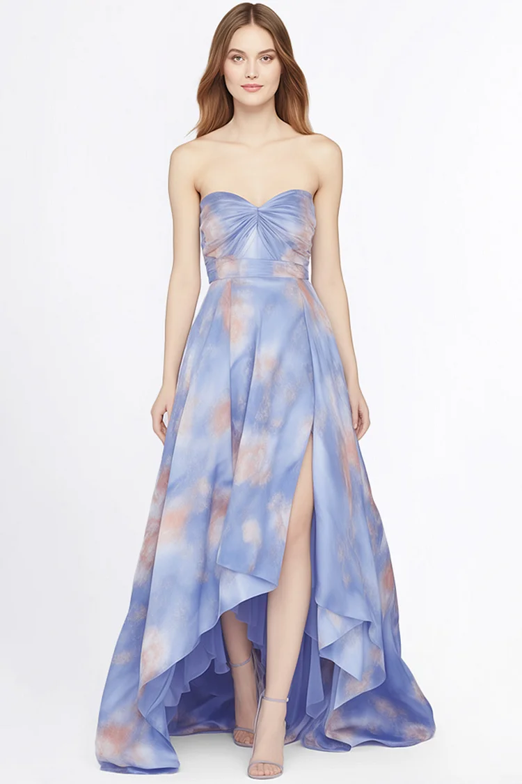 Zaruci Wedding Guest Blue Satin Printed Strapless Slit Maxi Dress [Pre-Order]
