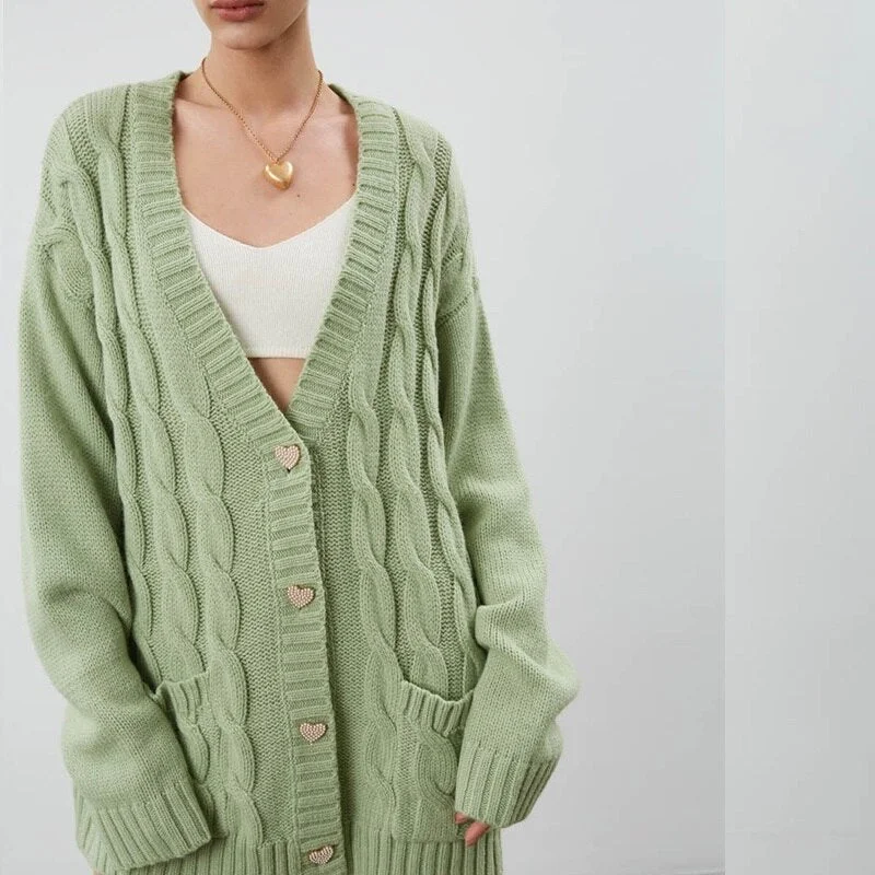 WannaThis Women Striped Jacquard Cardigans Sweater Autumn 2021 Oversize Loose Streetwear Korean Fashion Button Pockets Sweater