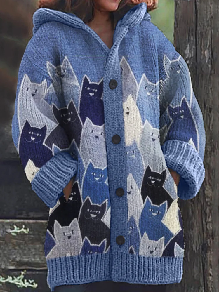 Crowded Cats Denim Patchwork Art Cozy Knit Hooded Cardigan