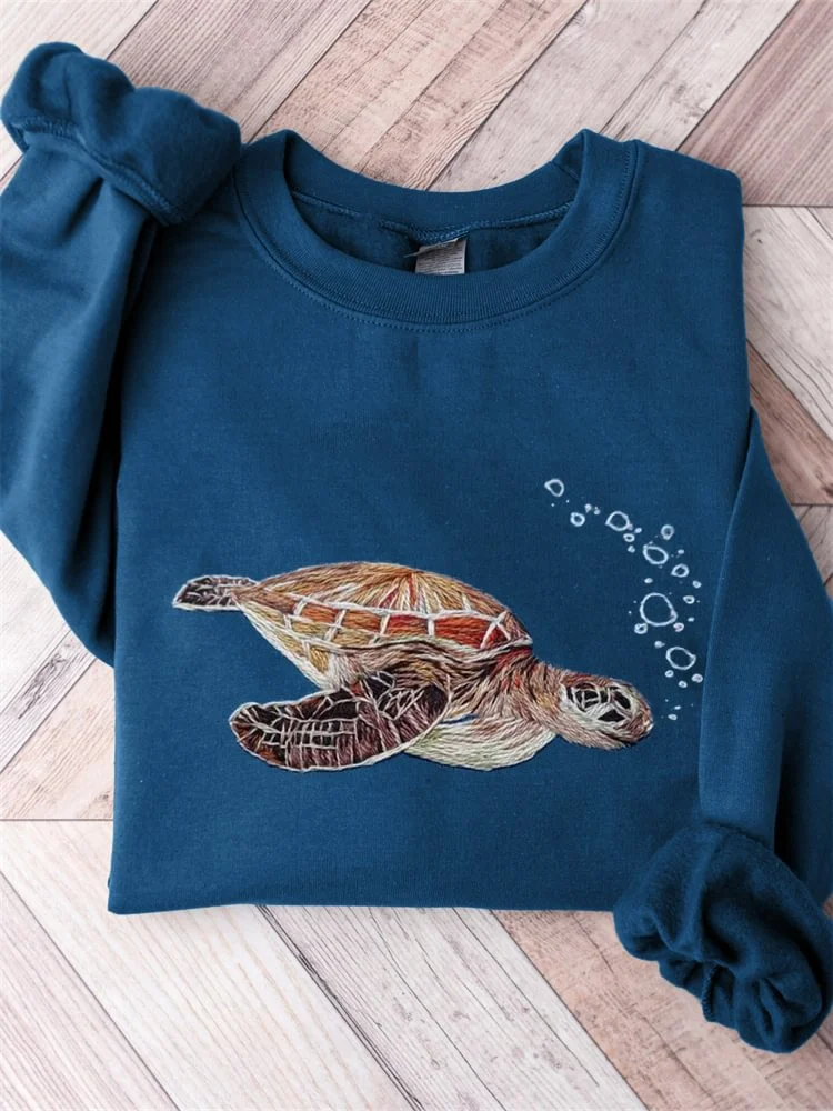 Sea Turtle With Bubbles Embroidery Art Comfy Sweatshirt / DarkAcademias /Darkacademias