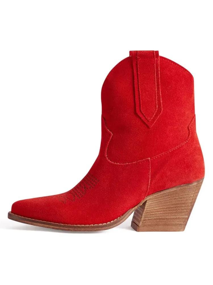 Red Cowgirl Ankle Boots Faux Suede Embroidery Slanted Block Heel Cowgirl Booties