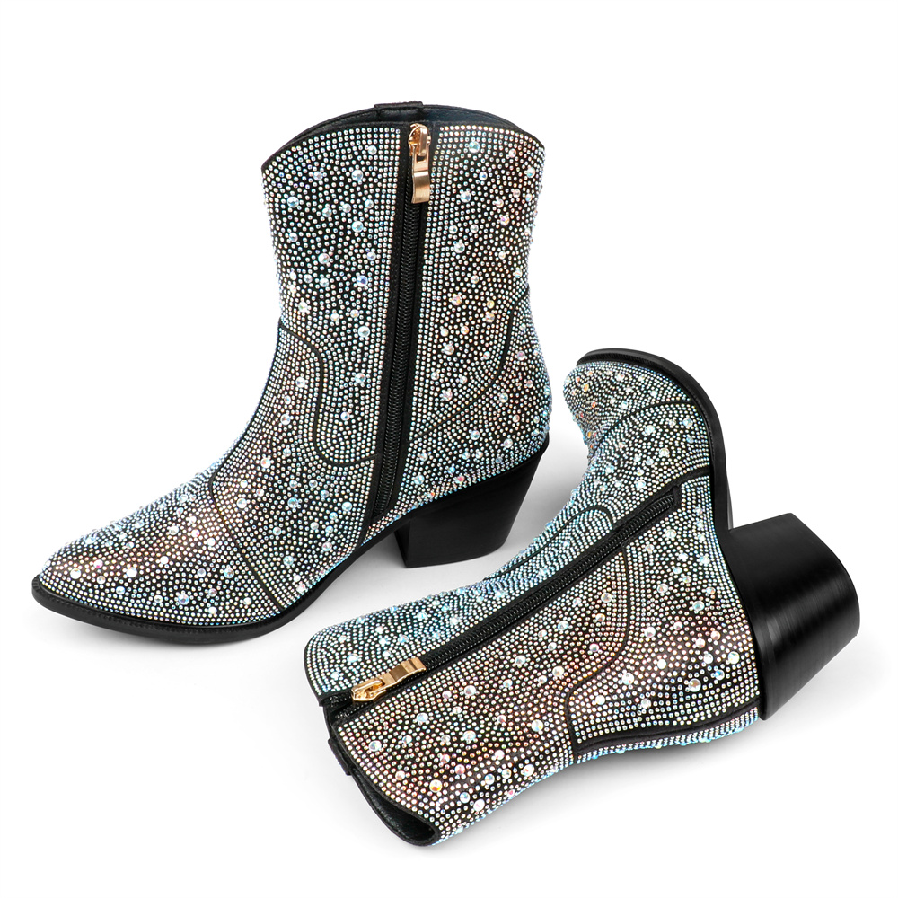 60mm Women's  Boots Ankle High Medium Heel Chunky Heel Diamond Studded Fashion Pull On Boot-MERUMOTE