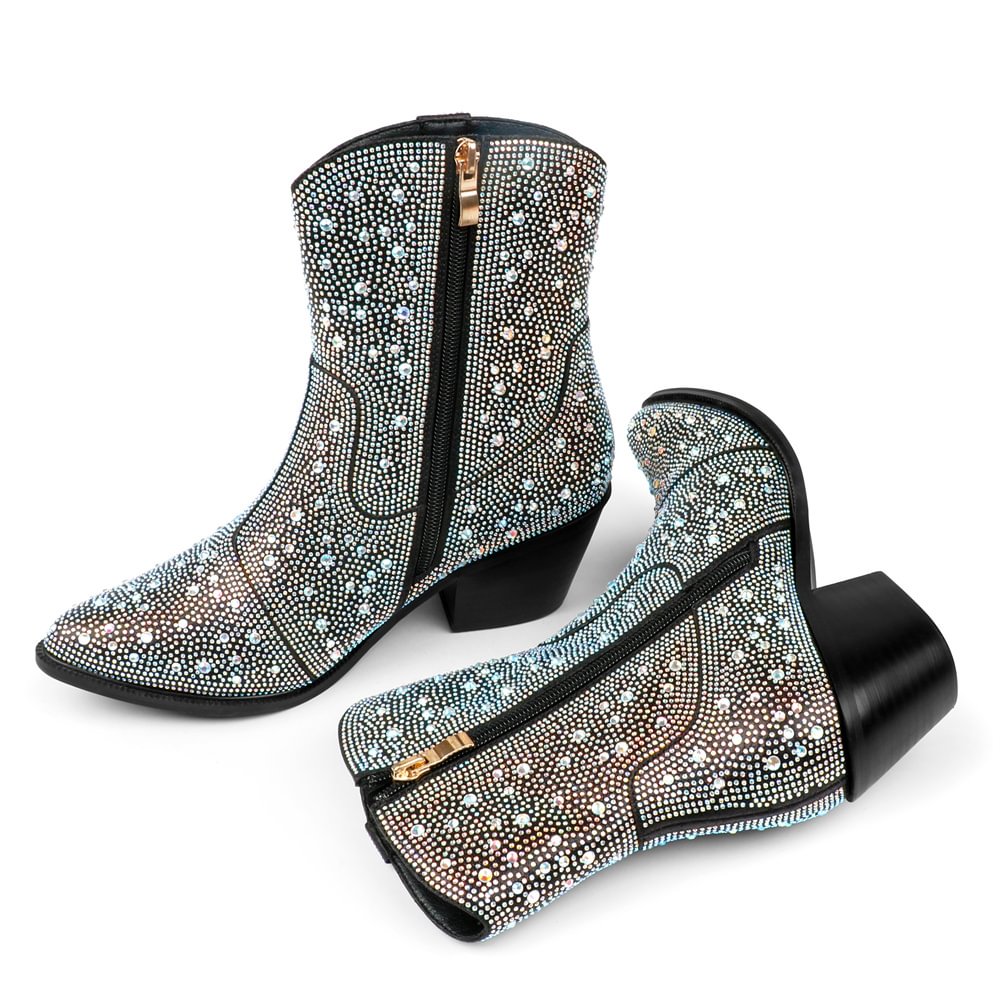 60mm Women's  Boots Ankle High Medium Heel Chunky Heel Diamond Studded Fashion Pull On Boot-MERUMOTE