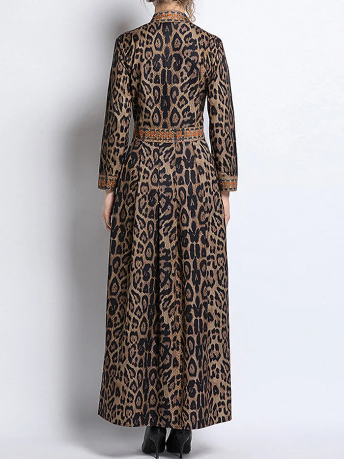 Fashion Leopard Print Lapel Long Sleeve Dress