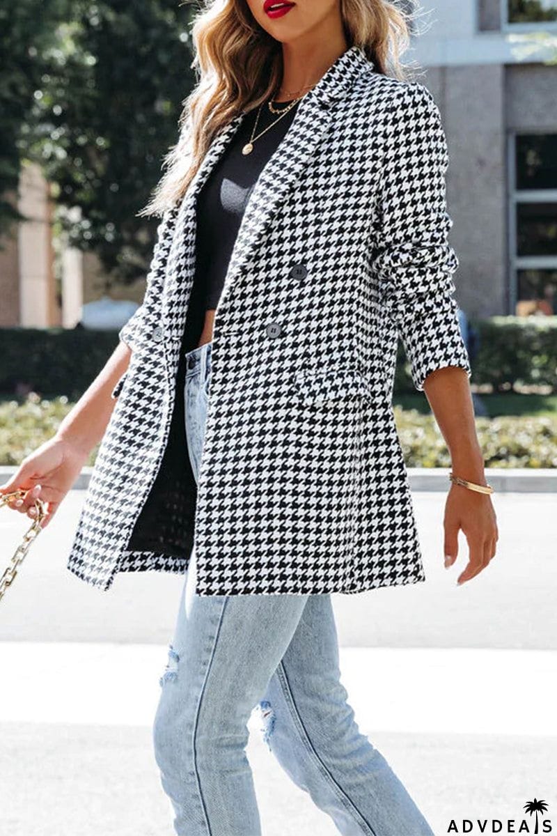 Elegant Plaid Pocket Turn-back Collar Outerwear