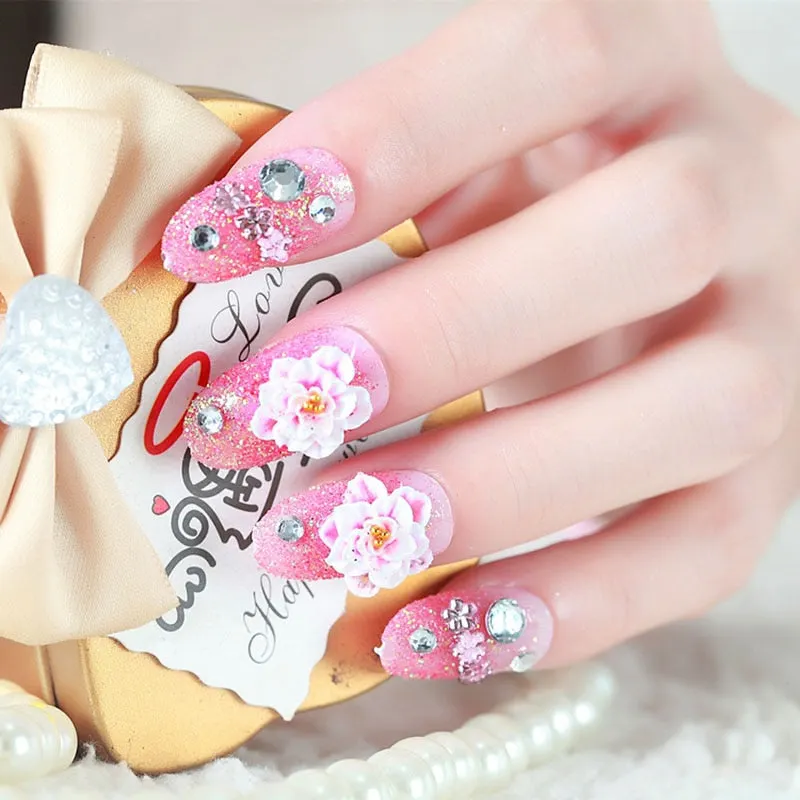 24pcs Lots wedding nail decoration Fake Nails Sweet Pink Shiny Crystal Glitter Flower Designs Press on False Nail Tip faux ongle-Nail Inspo