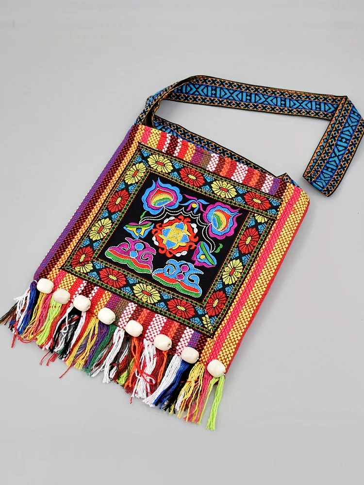 Boho Embroidered Color Block Fringe Crossbody Bag