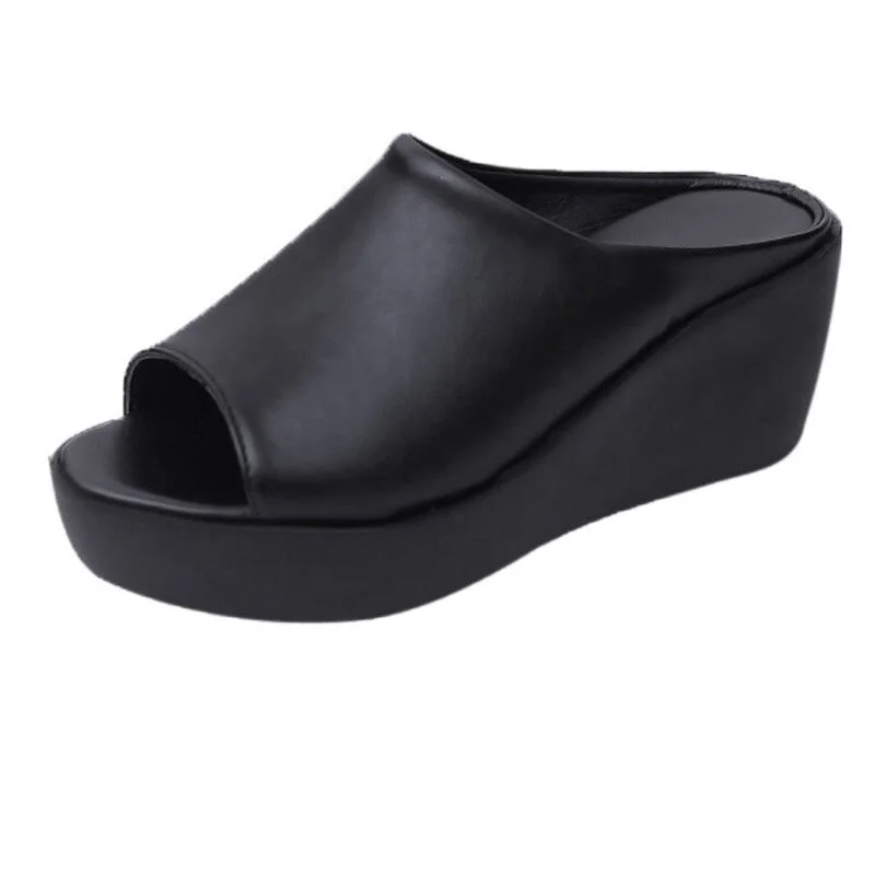 Qengg Women's Summer Wedges Slippers Slip-On Shoes Woman Flat Peep Toe Breathable Soft Platform Leather Sandals Platform Shoes