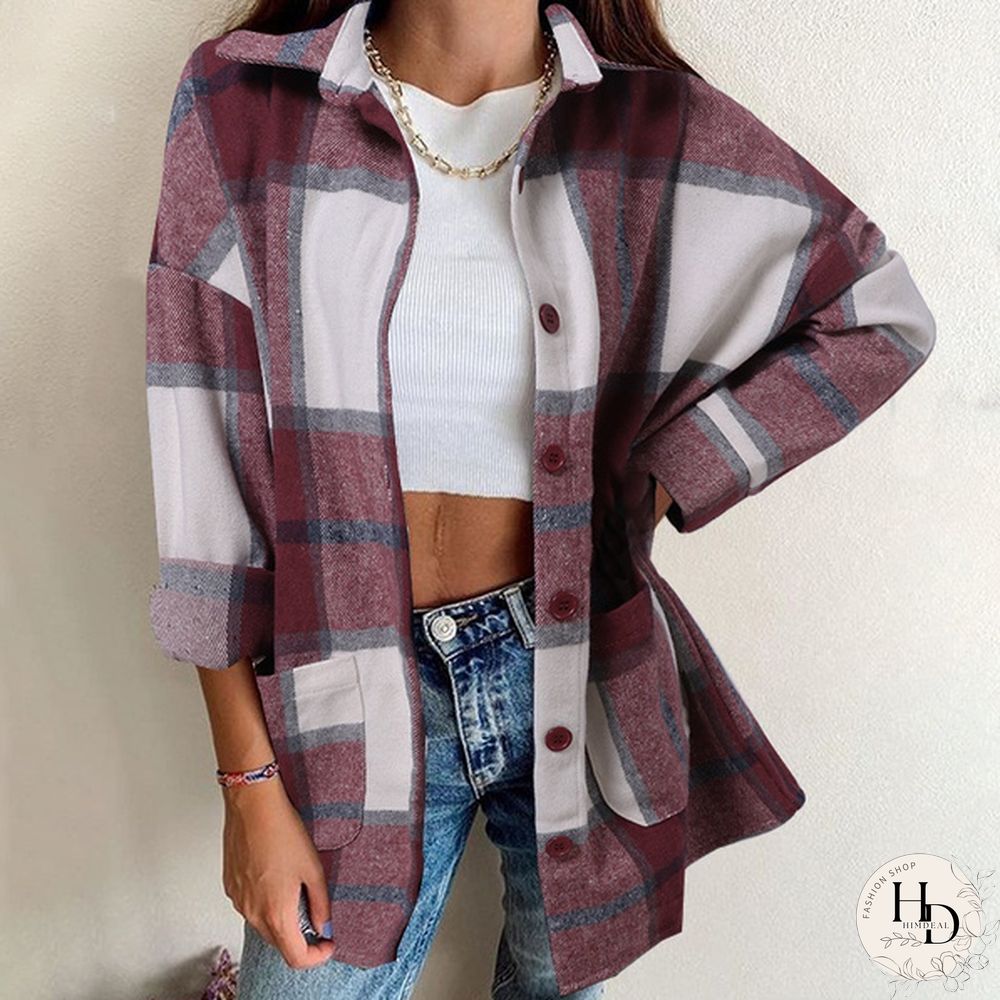 Women Plaid Long Sleeve Jacket Coat Spring Autumn Elegant Button Shirt Plus Size Coat Tops