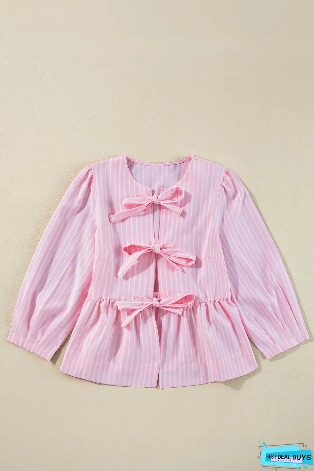 Pink Stripe Bowknot Front Crew Neck Puff Sleeve Blouse