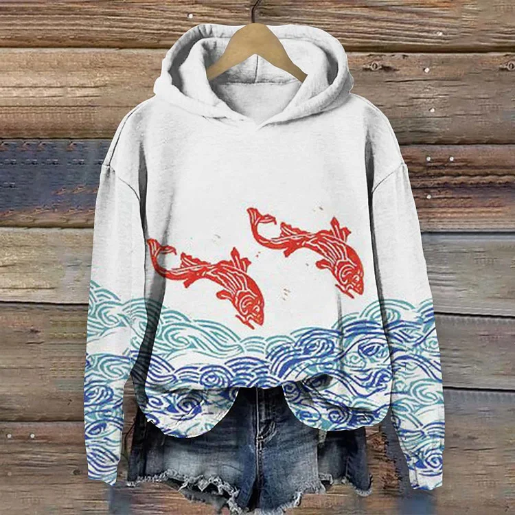 saracool Japanese Style Koi Carp Jumping Into The Waves Print Casual Long Sleeve Hoodie
