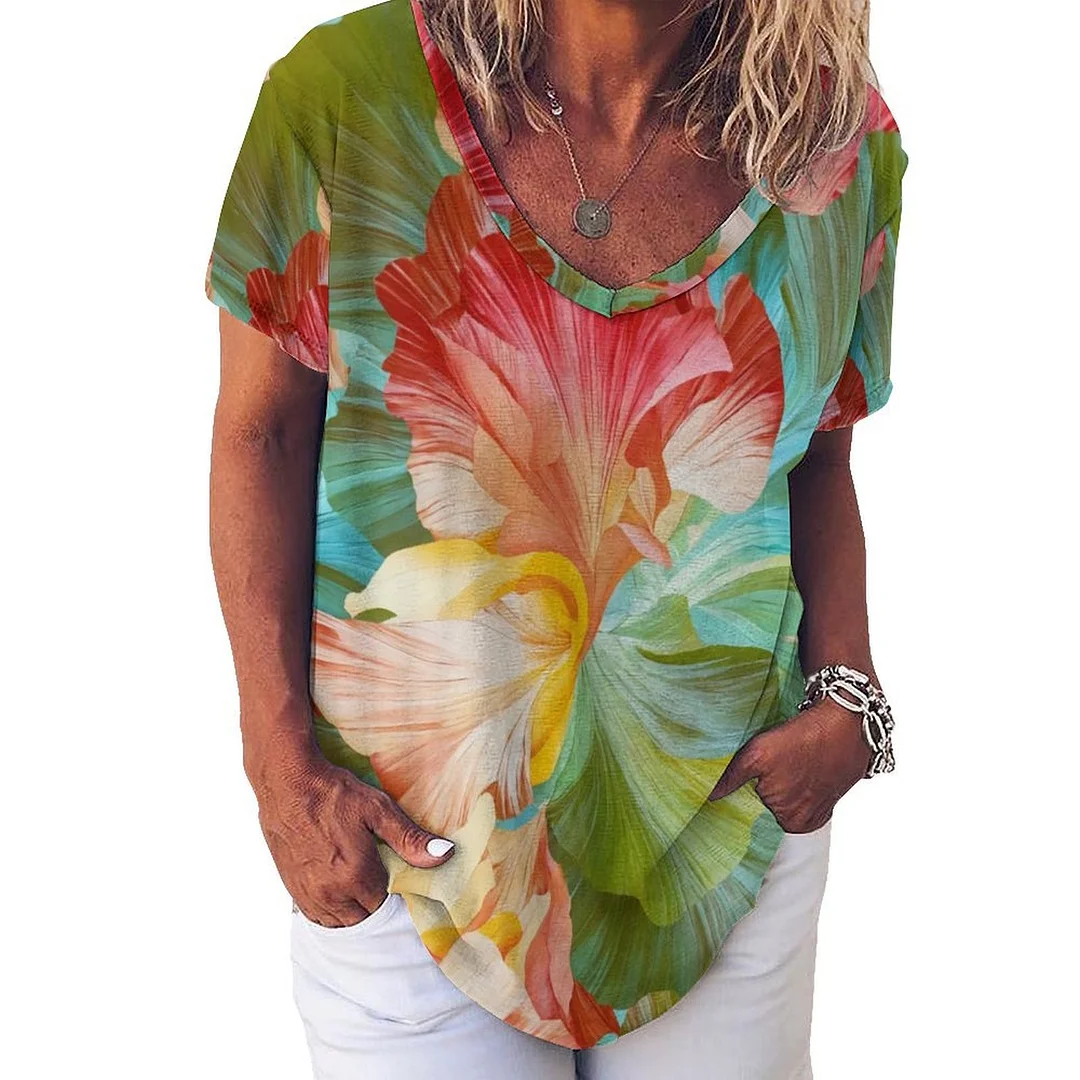V-neck Short Sleeve Casual T-shirt for  Women Printed with Pattern Marble, Red, Green