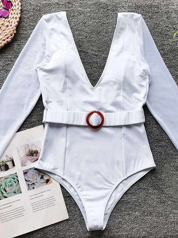 Solid Color Long Sleeve Split-Joint Belted One-Piece Wetsuit