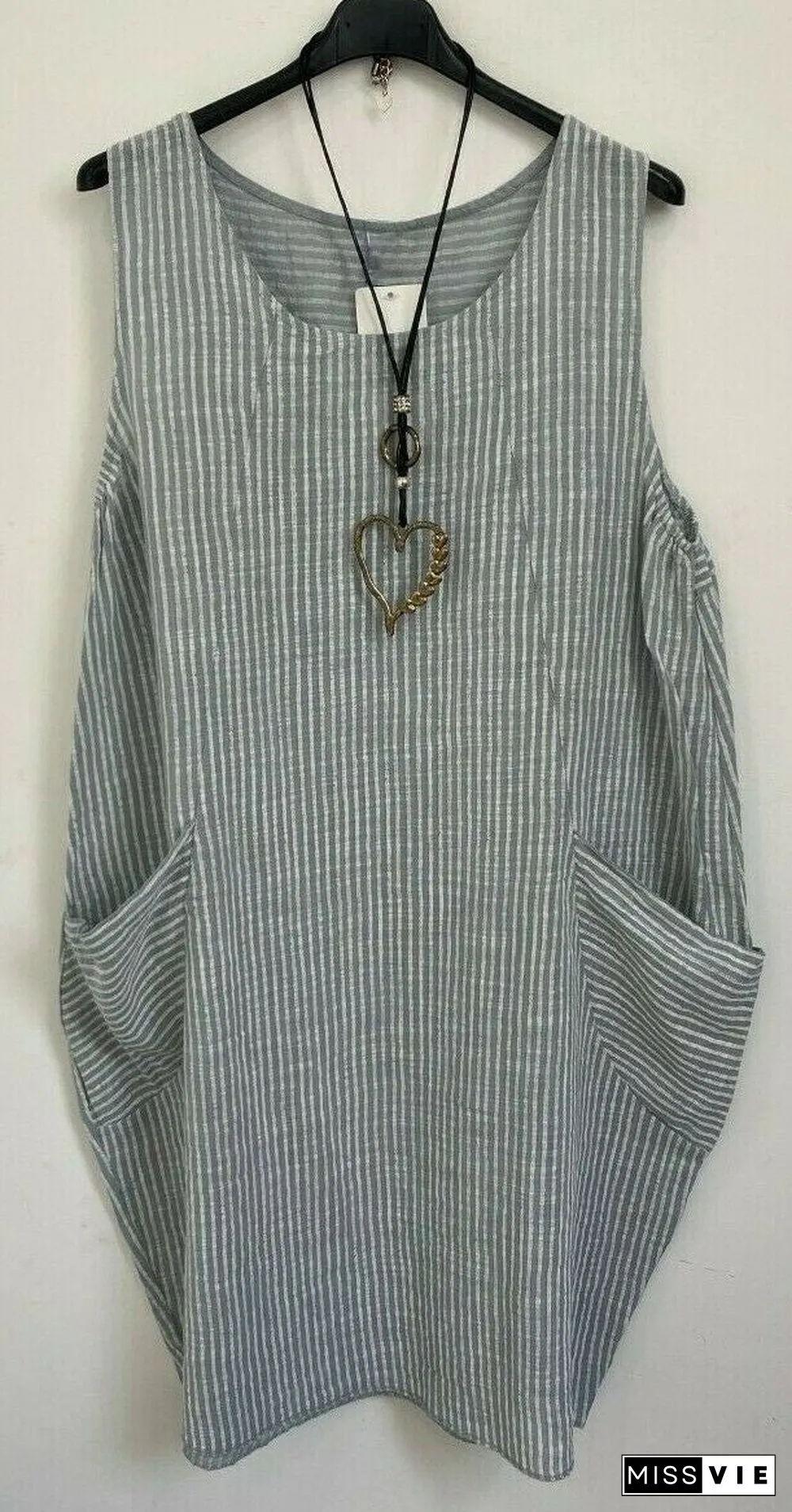 Ladies Stripe Design Summer Linen Cotton Long Pocket Top