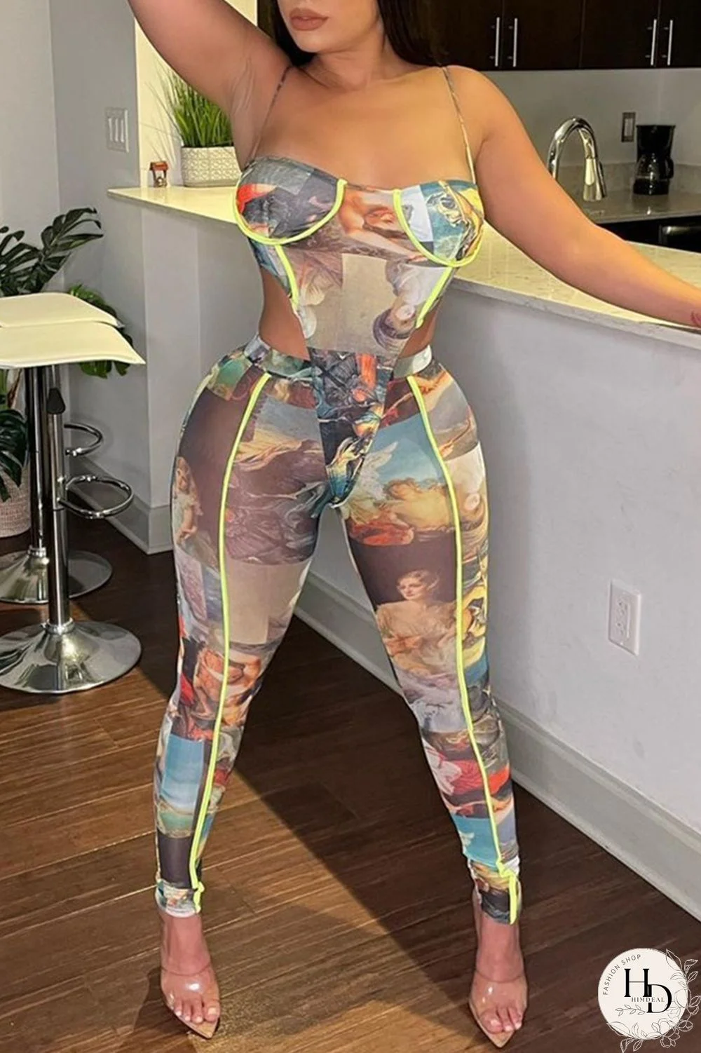 Camel Fashion Sexy Print Backless Spaghetti Strap Sleeveless Two Pieces