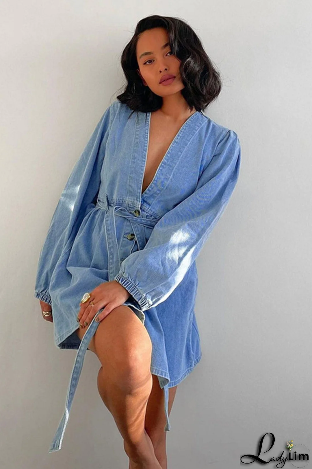 V Neck Button Front Lace Up Denim Dress