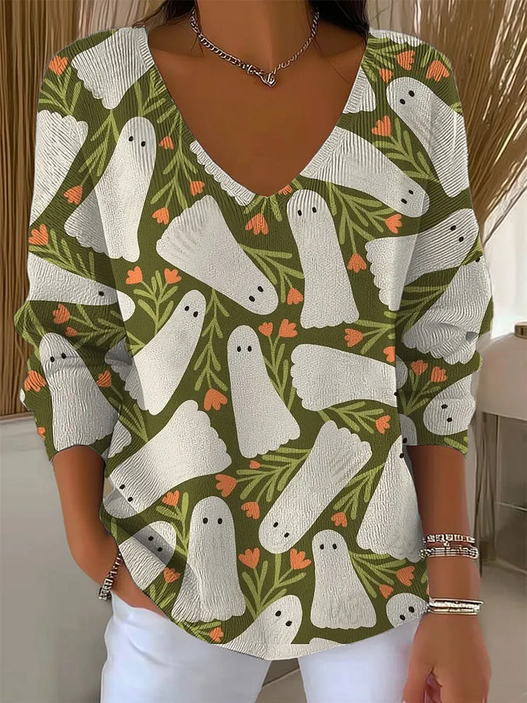 Women's Vintage  Ghost Flower Art Print Casual Pullover Sweater
