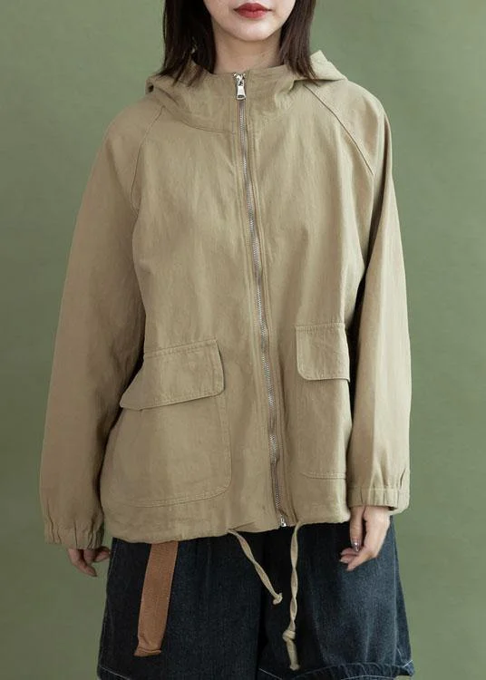 Art khaki drawstring Fashion clothes For Women design hooded fall short jackets