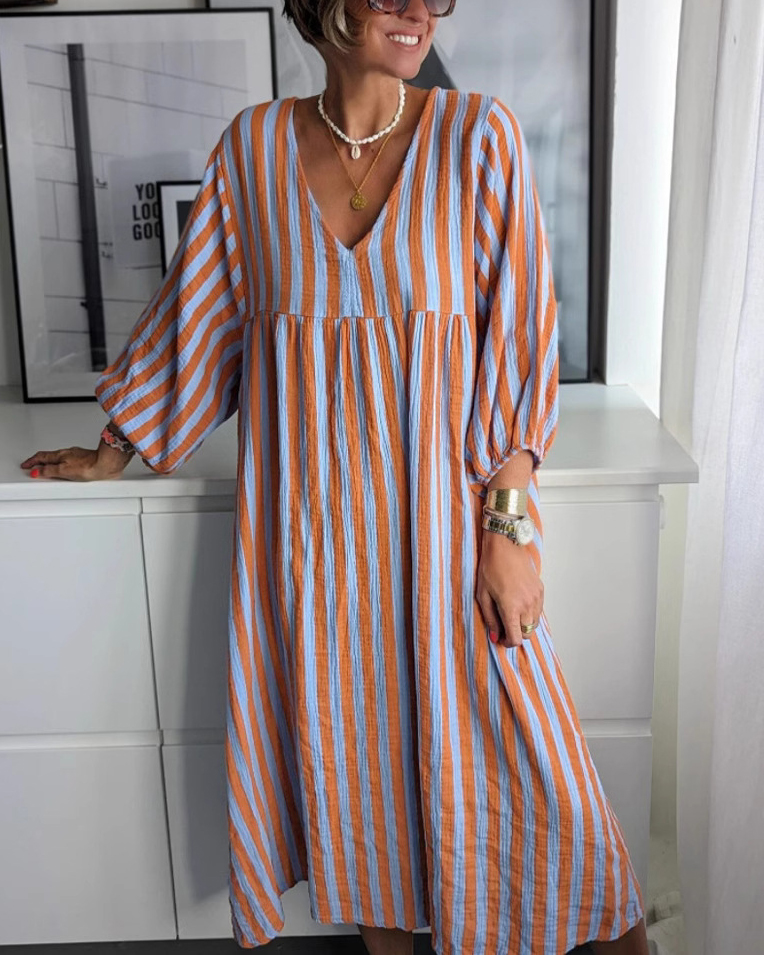 Vertical Stripe Pattern V Neck Long Sleeve Loose Dress