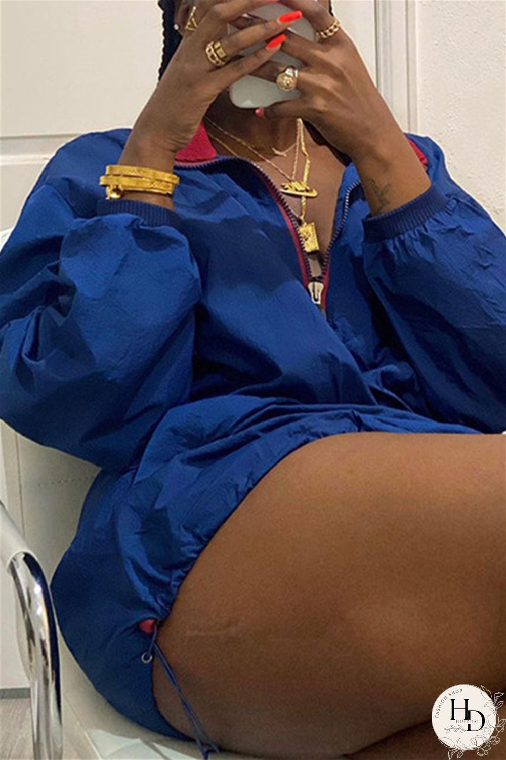 Deep Blue Fashion Casual Solid Split Joint Zipper Collar Long Sleeve Dresses