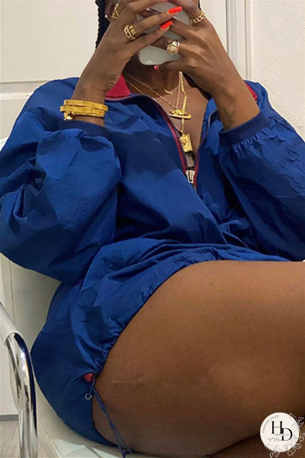 Deep Blue Fashion Casual Solid Split Joint Zipper Collar Long Sleeve Dresses