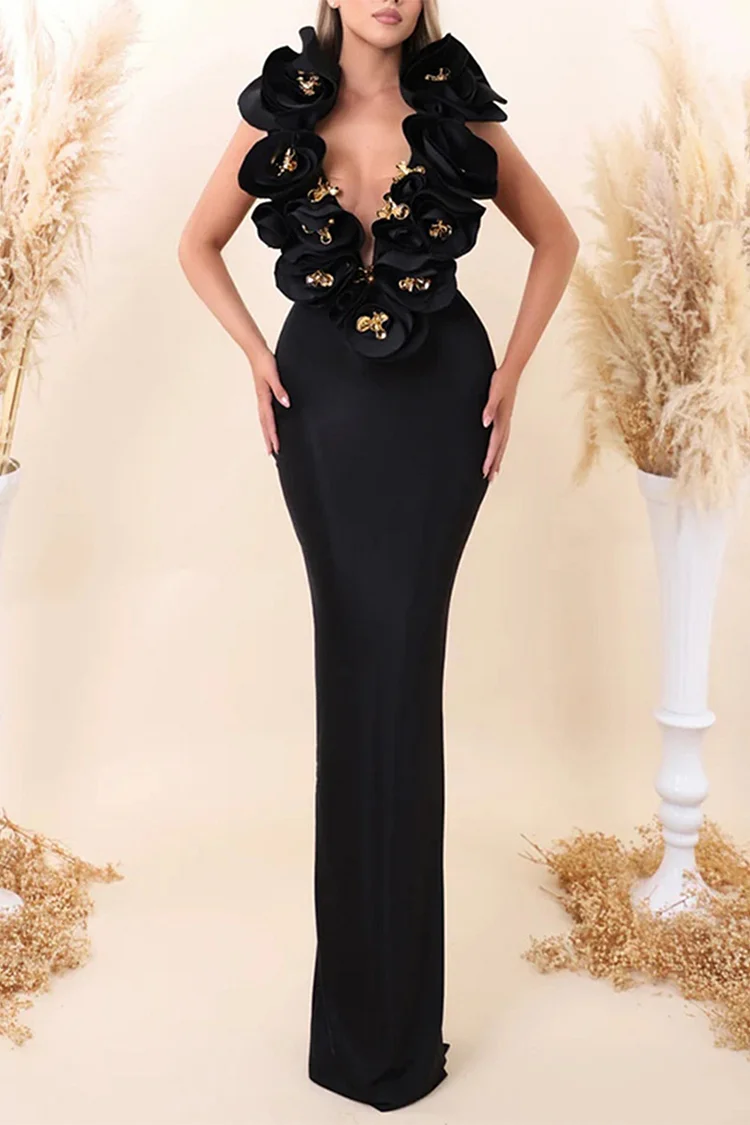 3D Floral Metal Decor Deep V Neck Bodycon Maxi Dress-Black