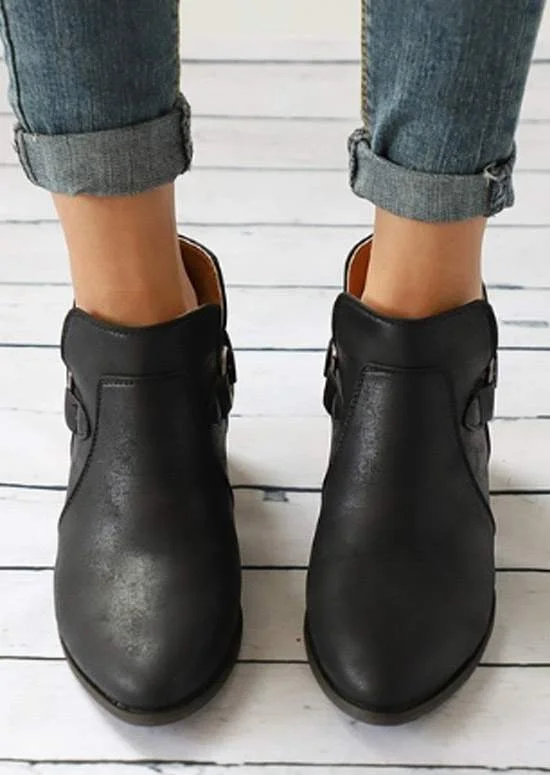 Solid Color Pointed Toe Buckle Embellished Boots