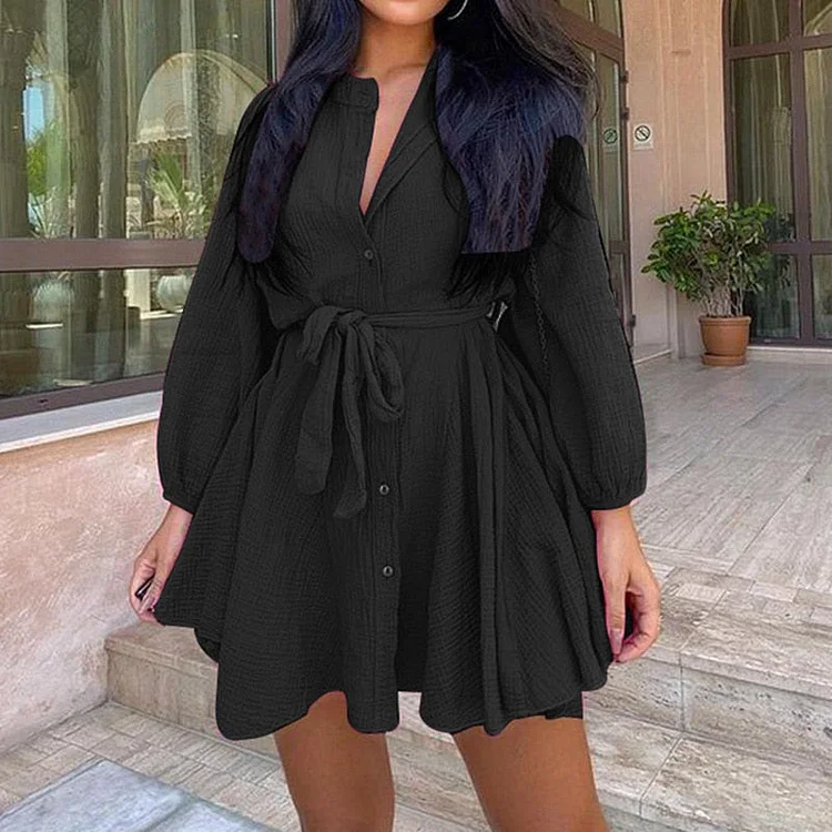 Women Casual Solid Color Long Sleeves Cotton Linen Short Dress Fashion Stand Collar Buttons Cardigan Lace-up Slim A-line Dresses