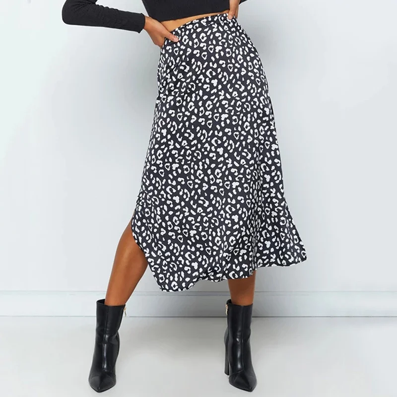 Churchf Churchf / Summer 2023 Leopard Print Slit Skirt Sexy Zipper High-Waist Long Skirt