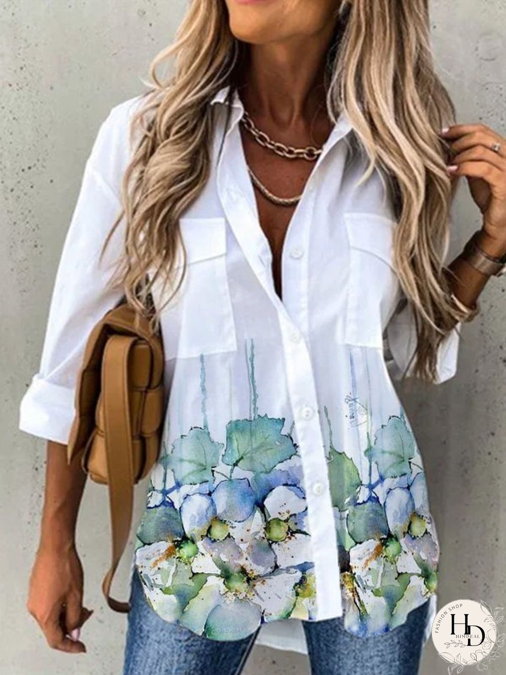 Printed Shirt Collar Holiday Long Sleeve Blouse