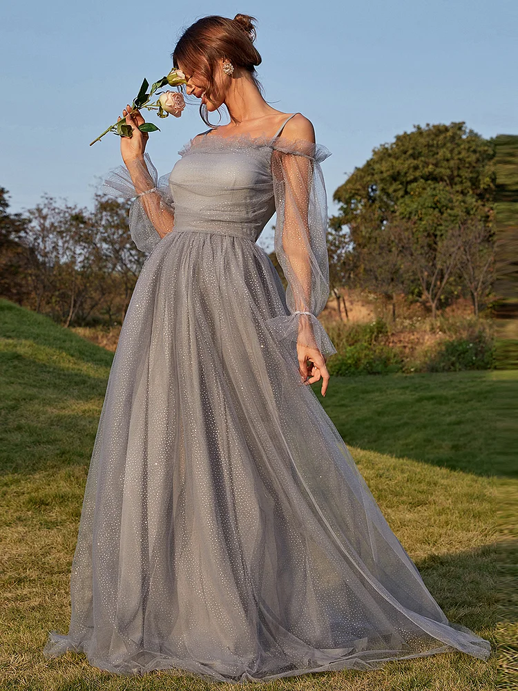 A Line Spaghetti Mesh Prom Dress XJ1005
