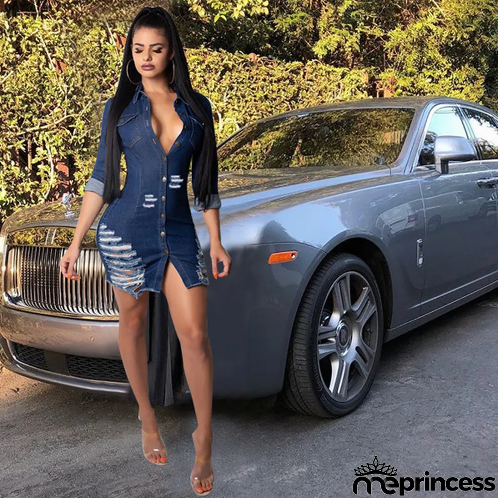 Blue Casual Long Sleeves Turndown Collar Hip skirt Mini Casual Dresses