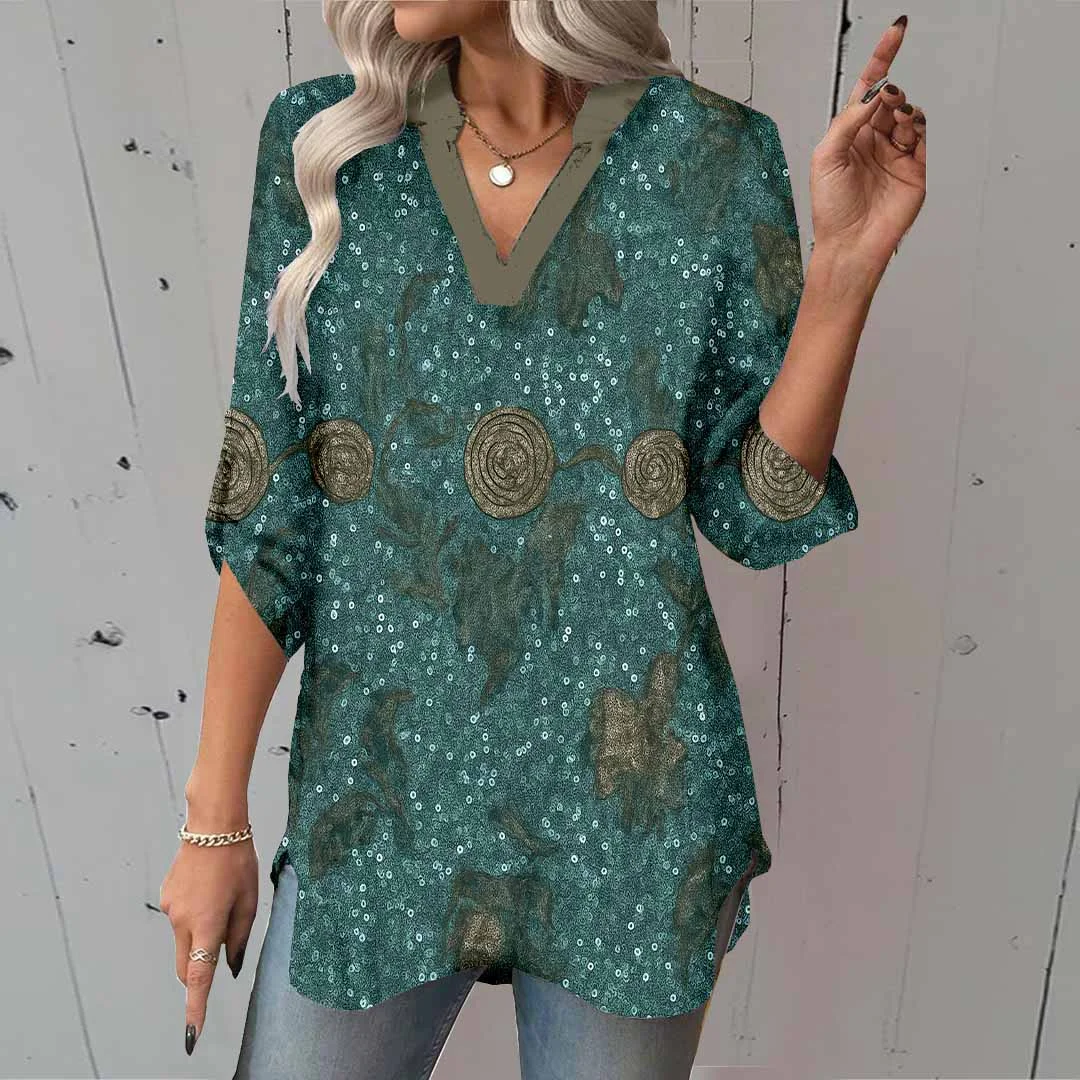 Women Blue, Flowers, Shiny DZGA0397 3/4 Sleeve V-neck Printed Graphic Button Tops