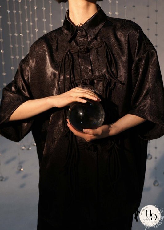 Retro Black Chinese Button Tasseled Patchwork Silk Shirt Tops Summer