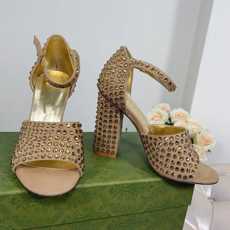 Red Rhinestone Sandals Woman Open Toe Real Suede Leather High Heels Pumps Lady Wedding Shoes