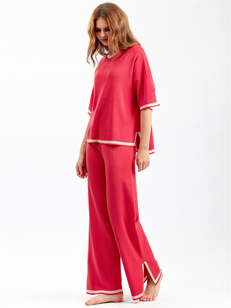 Ootddress Contrast Knit Trousers 2 Piece-Set Female Slim Patchwork Loose Casual Streetwear Pullover And Wide Leg Women's Pants Sets