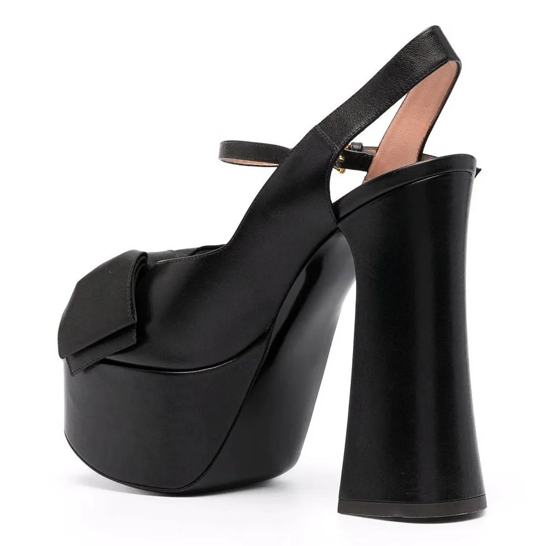 Peep Toe Chunky Heel Bow Slingback Buckle Strap Black Platform Sandals