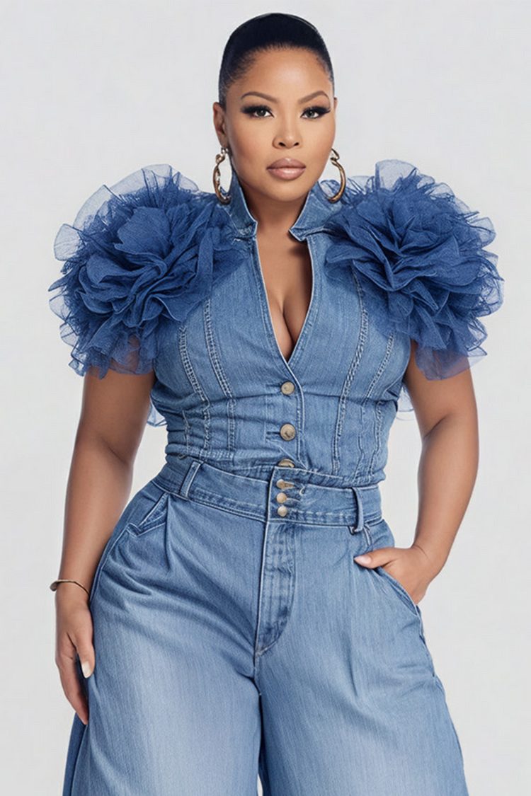 Xpluswear Design Plus Size Business Casual Blue 3D Casual Pocket Denim Two Piece Pant Sets [Pre-Order]