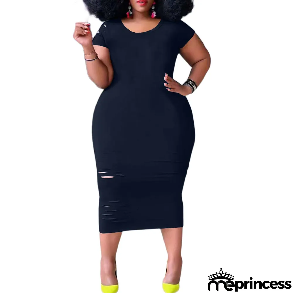 Women'S Casual Plus Size Round Neck Short Sleeve Black Dress
