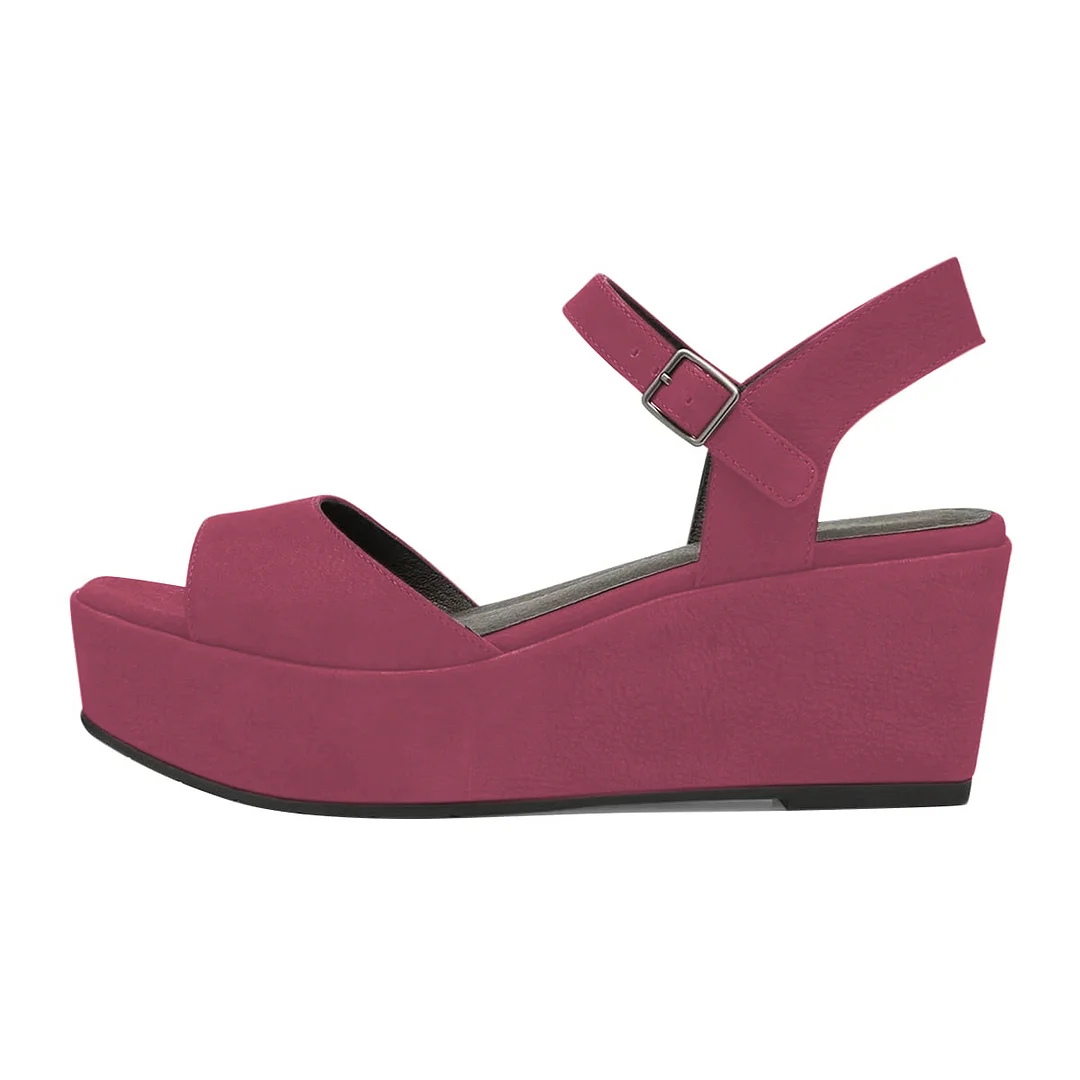 Dark Fuchsia Open-Toe Wedge Heel Platform Sandals with Ankle Strap