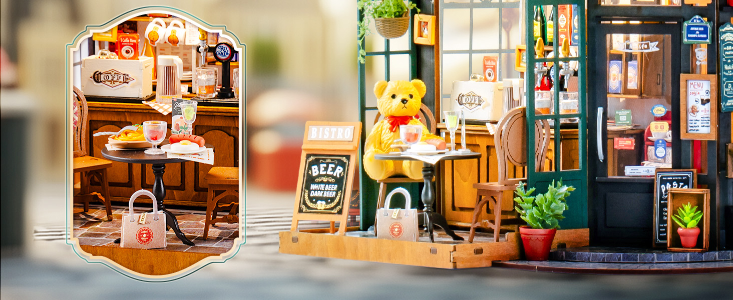 Tegooe 3D Wooden Puzzle Miniature Dollhouse Kit - Bistro Bar with LED Lights