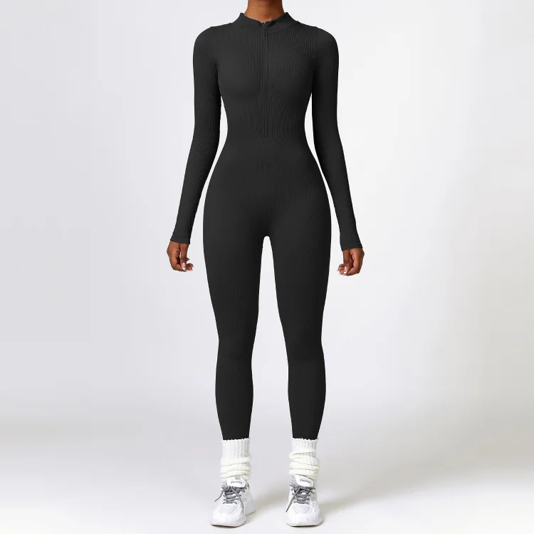 PASUXI Women's Yoga Jumpsuits Ribbed Long Sleeve Zip Front Sport Bell Bottoms Bodycon V Neck Sexy One Piece huanwei