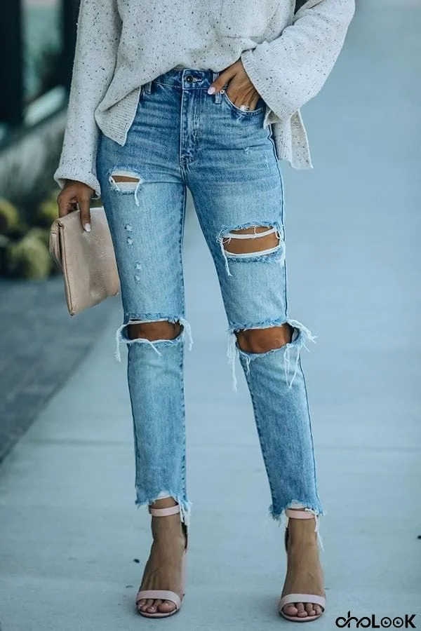 High Rise Ripped Straight Leg Jeans
