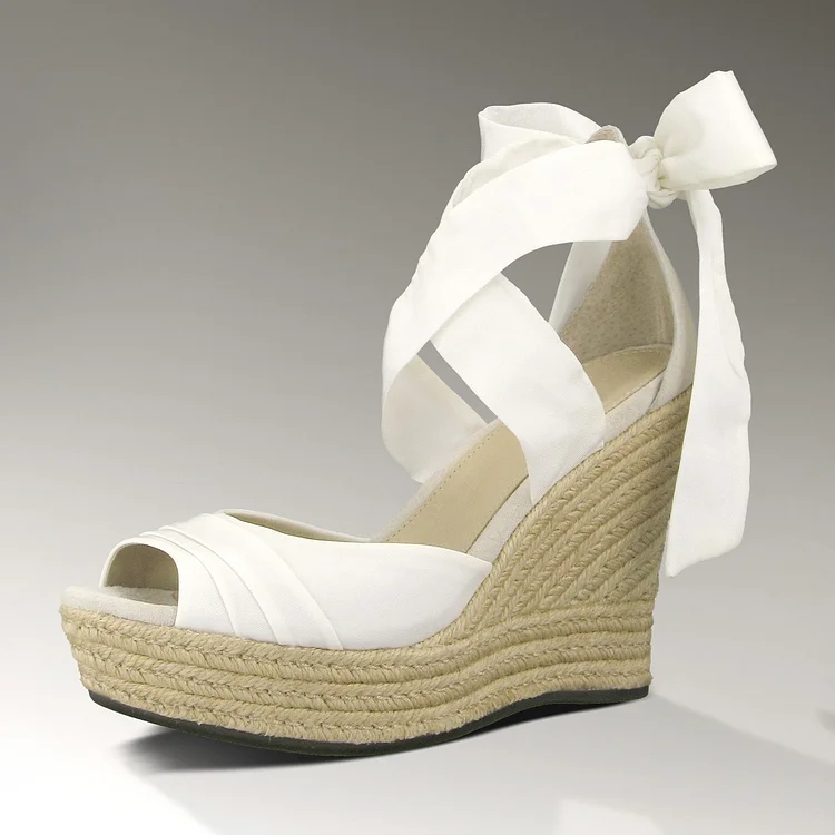 White Cross Over Bow Wedge Sandals with Platform |FSJ Shoes