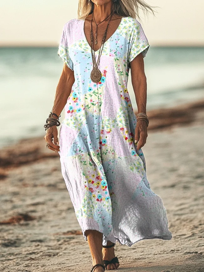 Women's Floral Patchwork Art Print Round Neck Sleeveless Pocket Linen Dress