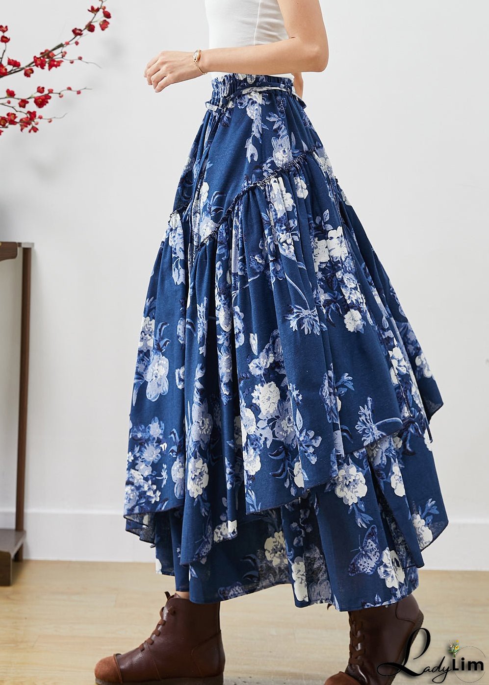 Blue Floral Cotton Skirts Asymmetrical Exra Large Hem Fall